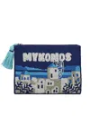 Sd Basics Mykonos Navy Blue Pouch | Beaded Postcard Patterned Purse | Fully Lined With Inner Pocket | Small Zi