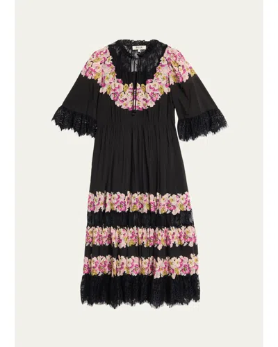 Sea 3/4-sleeve Persephone Print Cotton Lace-trim Midi Dress In Black