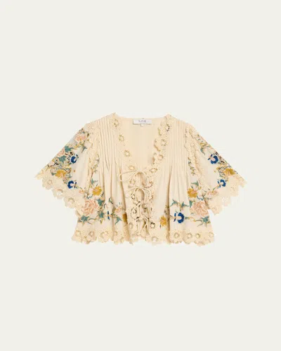 Sea Adonna Embroidered Tie-front Top In Neutral