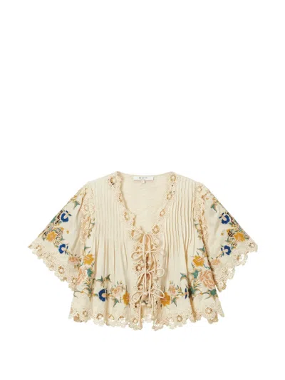 Sea Adonna Floral-embroidered Lace-trim Top In Neutral