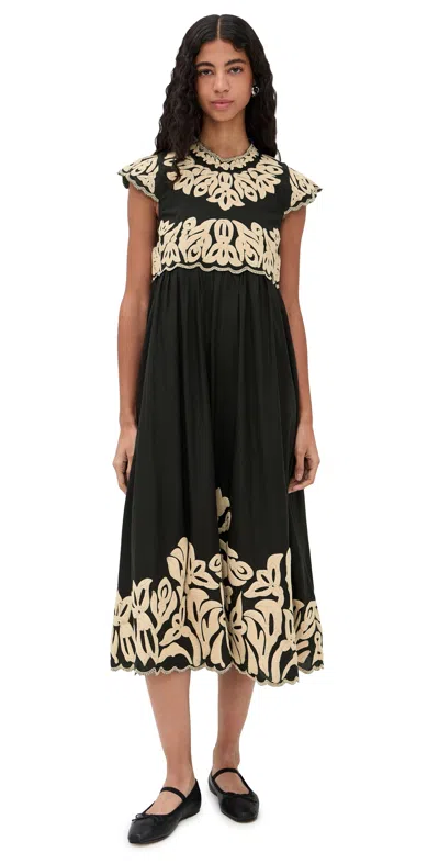 Sea Alexandra Embroidery Cap Sleeve Midi Dress Black