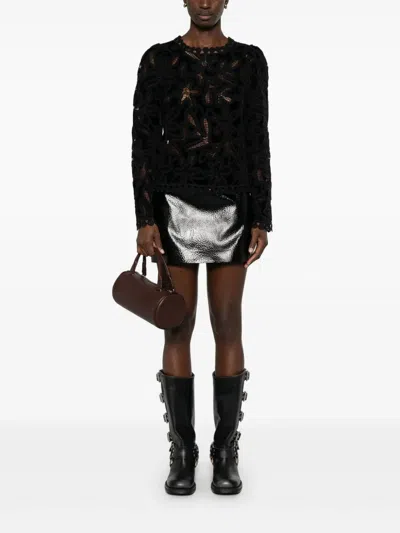 Sea Alice Embroidery Velvet Long Sleeve Top In Black