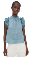 Sea Anise Solid Flutter Sleeve Top Blue In Blue