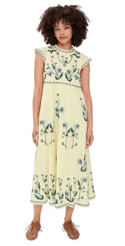 Sea Audra Embroidery Cotton Midi Dress In Yellow