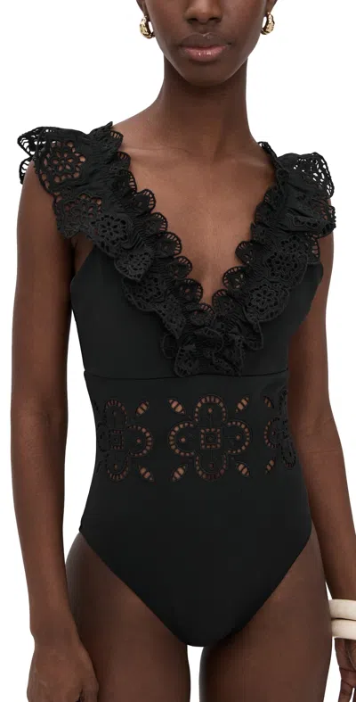 Sea Babette Eyelet V-neck Ruffled One Piece Black