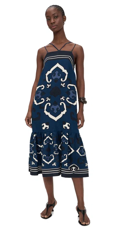 Sea Blaise Linen Print Spaghetti Strap Dress Navy In Blue