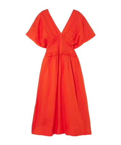 Sea Bright Orange V-neck Midi Dress In Red