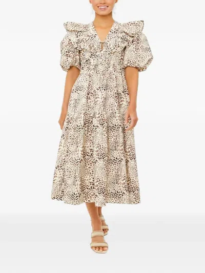 Sea Calla Cheetah-print Puff-sleeve Midi Dress In Multi
