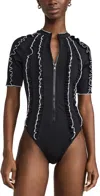 Sea Camille Ruffle Purl Zip Up One Piece Black In Black