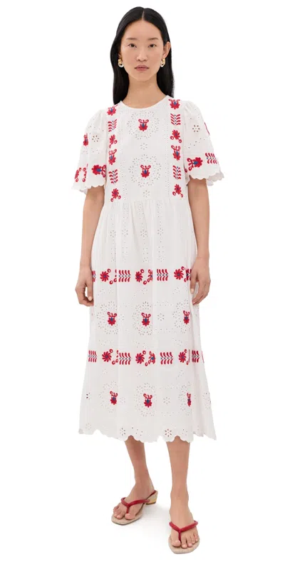 Sea Catharina Embroidered Short Sleeve Midi Dress Cream In White