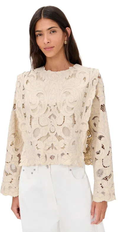 Sea Ceci Embroidery Long Sleeve Top Cream In White