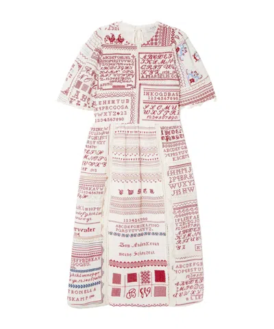 Sea Kit Scalloped Crochet-trimmed Embroidered Cotton And Linen-blend Midi Dress In Multi