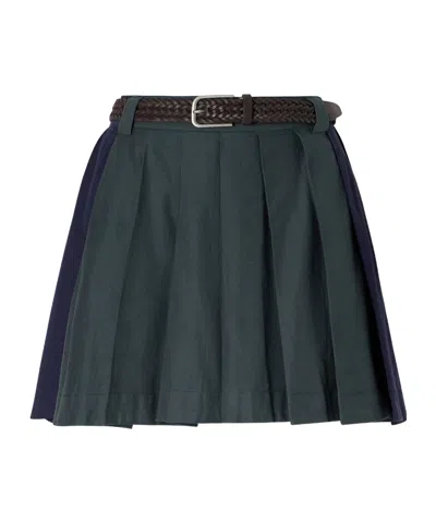 Sea Odessa Belted Pleated Leather-trimmed Cotton-poplin Mini Skirt In Green