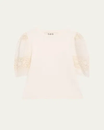 Sea Dahlia Combo Eyelet-sleeve Top In Pearl
