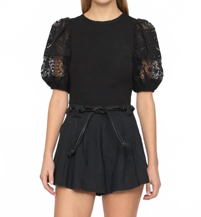 Sea Dahlia Eyelet Combo Sleeve Tee In Black