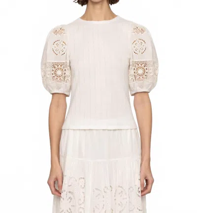 Sea Dahlia Eyelet Combo Sleeve Tee In Pearl In White