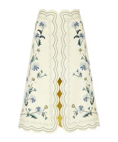 Sea Audra Embroidered Cotton And Linen-bend Midi Skirt In Multi