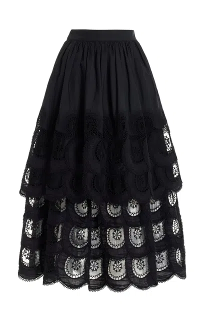 Sea Drea Embroidered Cotton Tiered Skirt In Black