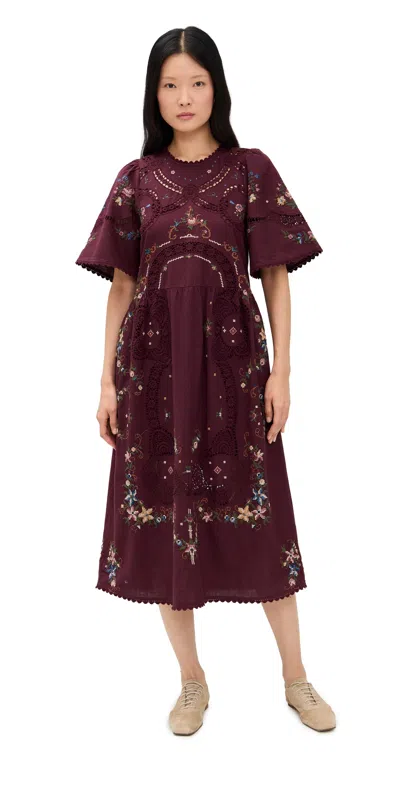 Sea Edwina Embroidery Short Sleeve Dress Burgundy