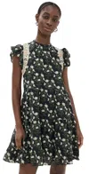 Sea Elizabeth Print Mini Flutter Sleeve Dress In Black In Black