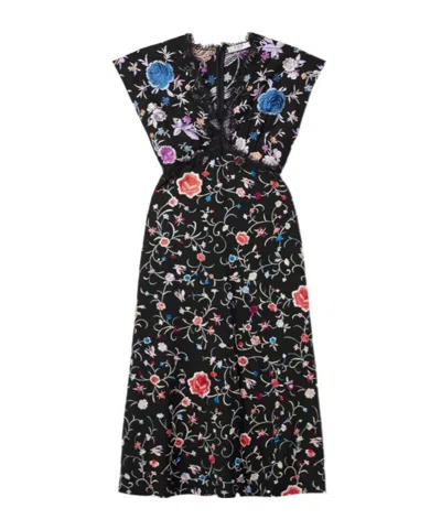 Sea Embroidered Crepe Midi Dress In Black