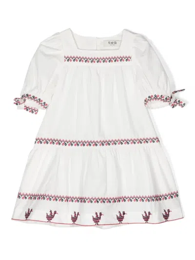 Sea Kids' Embroidered Flared Dress In 白色