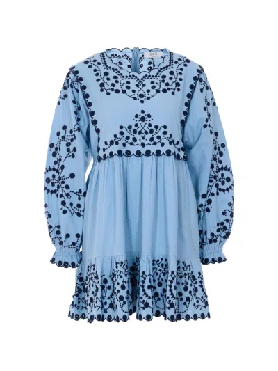 Sea Embroidered Long-sleeve Mini Dress In Blue