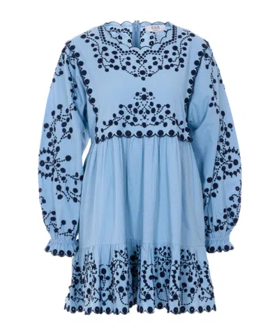 Sea Embroidered Long-sleeve Mini Dress In Blue