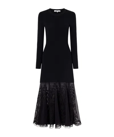 Sea Embroidered Tulle-trimmed Wool Midi Dress In Black