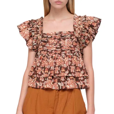 Sea Emelia Print Flutter Sleeve Top In Brown