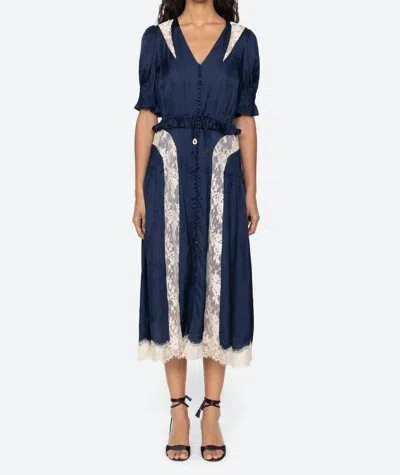 Sea Ethel Silk Lace Panel Puff Sleeve Midi Dress In Navy In Blue