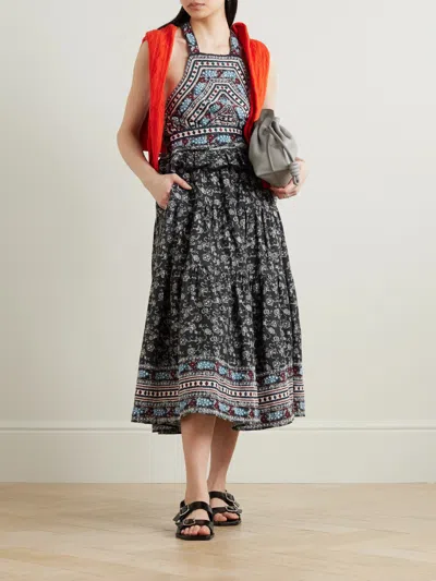 Sea Everly Ruffled Embroidered Floral-print Cotton Halterneck Midi Dress In Black
