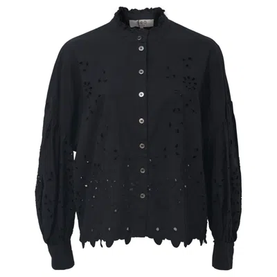 Sea Fern Eyelet Long Sleeve Shirt In Black Cotton