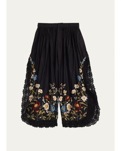 Sea Floral Embroidered Cotton & Lace Wide-leg Culotte Pants In Black