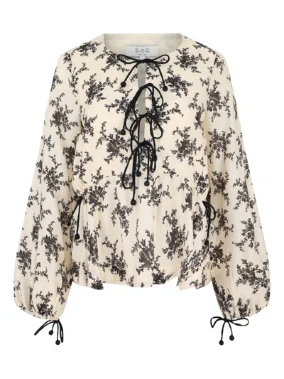 SEA FLORAL-PRINT TIE-FRONT TOP