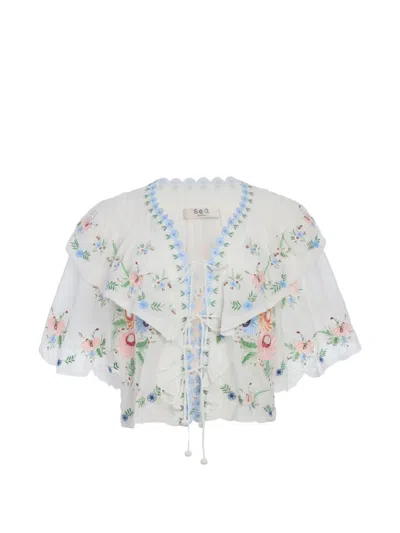 Sea Floral-embroidered Blouse In White