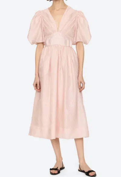 Sea Florence Embossed Puff Sleeve Midi Dress In Pink