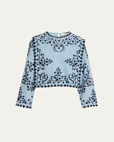 Sea Frances Embroidered Cotton-linen Top In Blue