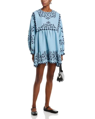 Sea Frances Long Sleeve Embroidered Mini Dress In Blue In Brown