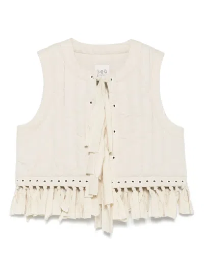 Sea Fringe-detailed Vest In Beige