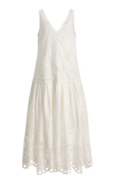 Sea Gardener Embroidered Cotton Maxi Dress In White