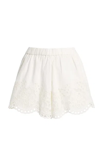 Sea Gardener Embroidered Cotton-linen Mini Shorts In White