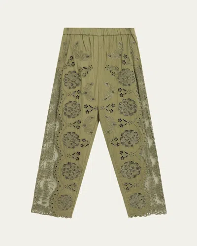 Sea Gardener Embroidered Lace-panel Pants In Green