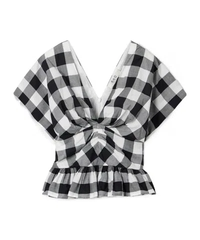 Sea Gathered Gingham Cotton-poplin Peplum Top In Black