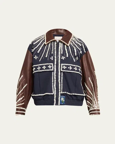 Sea Georgie Embellished Mixed-media Bomber Jacket In Blue