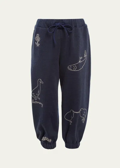 Sea Kids' Girl's Demi Embroidered Sweatpants In Navy