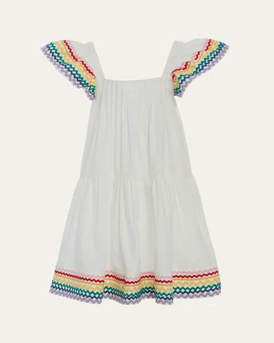 Sea Kids' Girl's Ria Flutter Sleeve Rainbow-trim Dress In Multi