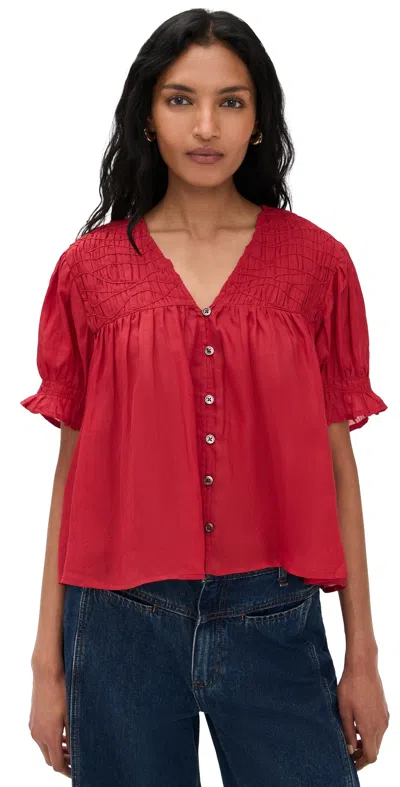 Sea Imogen Cropped Pleated Ramie-voile Blouse In Red