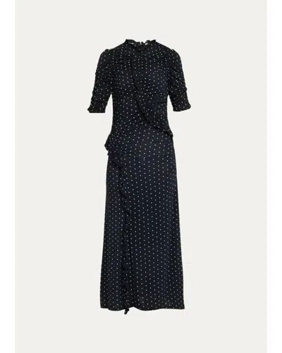 Sea Jeanne Polka Dot Ruched Ruffle Short-sleeve Midi Dress In Black