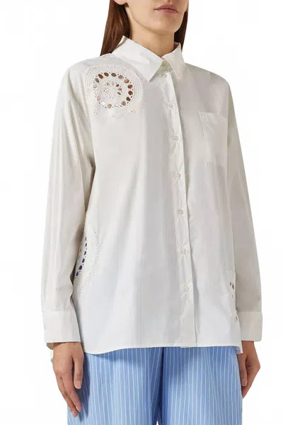 Sea Joy Crochet Long Sleeve Button Down Top In White